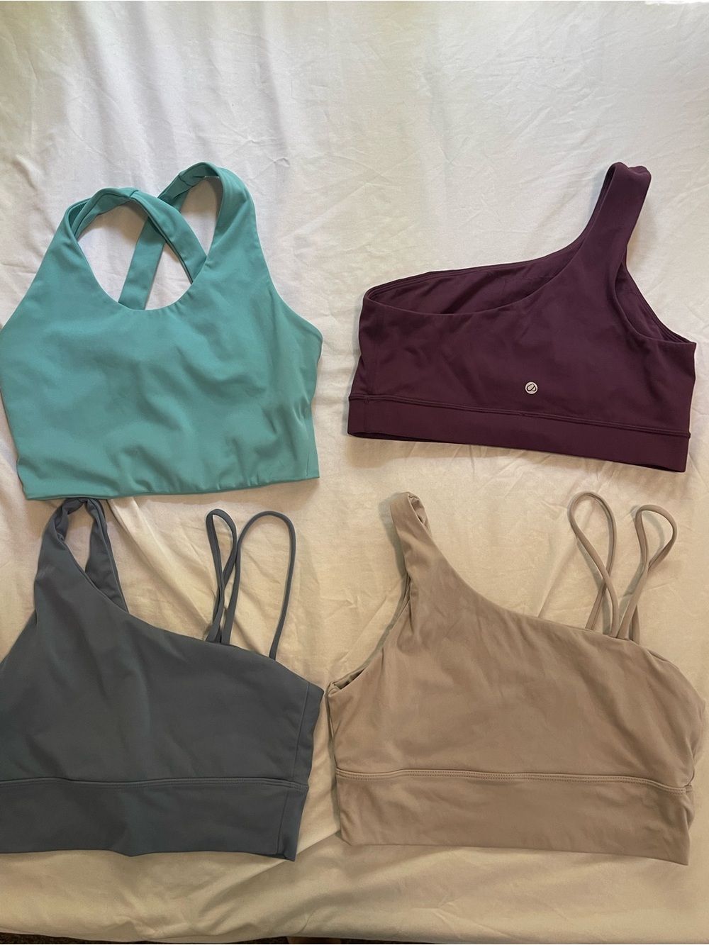 Women's Asymmetric & Strappy Crop Bralette Set - Teal, Plum, Slate, Taupe